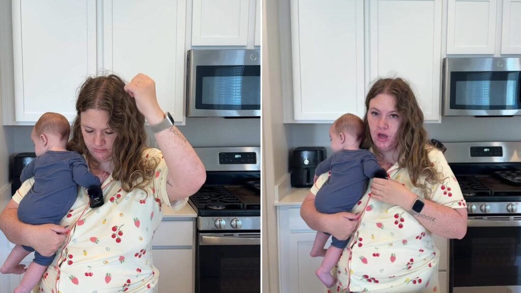 Split image from a TikTok: a mother in cherry-print pajamas holds her baby in the kitchen while fixing her hair, next to her talking to camera while holding the baby by the stove