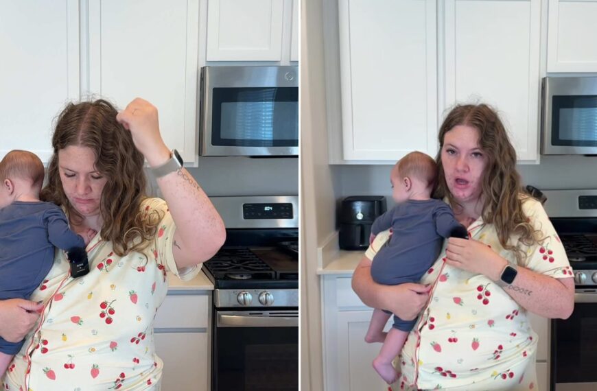 Split image from a TikTok: a mother in cherry-print pajamas holds her baby in the kitchen while fixing her hair, next to her talking to camera while holding the baby by the stove