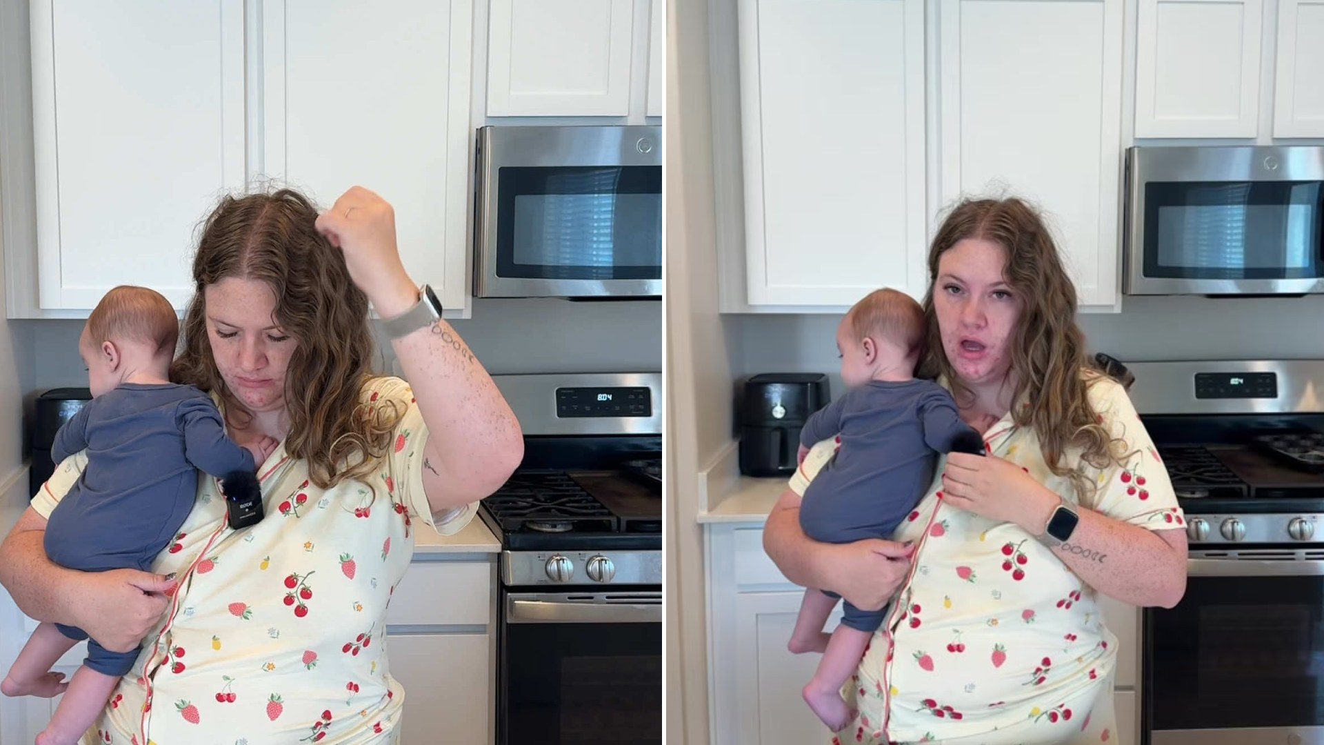 Split image from a TikTok: a mother in cherry-print pajamas holds her baby in the kitchen while fixing her hair, next to her talking to camera while holding the baby by the stove