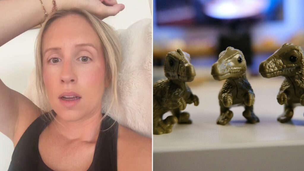 Split image: a blonde woman in a black tank top lies back with an arm over her head and a surprised expression, next to three small dinosaur toy figurines standing on a white table