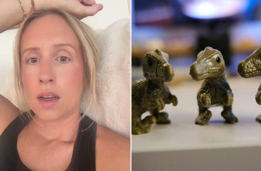 Split image: a blonde woman in a black tank top lies back with an arm over her head and a surprised expression, next to three small dinosaur toy figurines standing on a white table