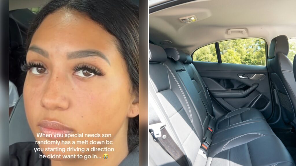Split image: a mother glances at the camera from the driver's seat with a caption about her special needs son having a meltdown because she drove a direction he didn't want to go, next to an empty black leather car back seat