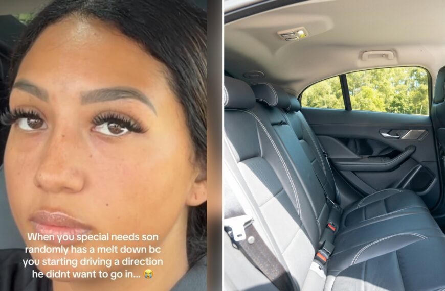 Split image: a mother glances at the camera from the driver's seat with a caption about her special needs son having a meltdown because she drove a direction he didn't want to go, next to an empty black leather car back seat