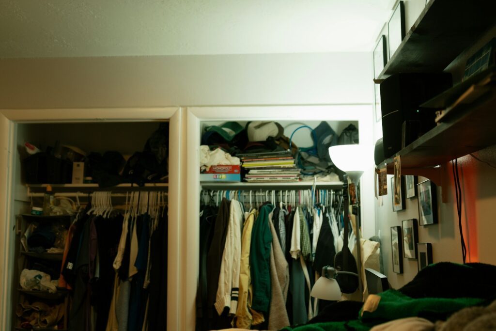 Closets overflowing with clothes and other items