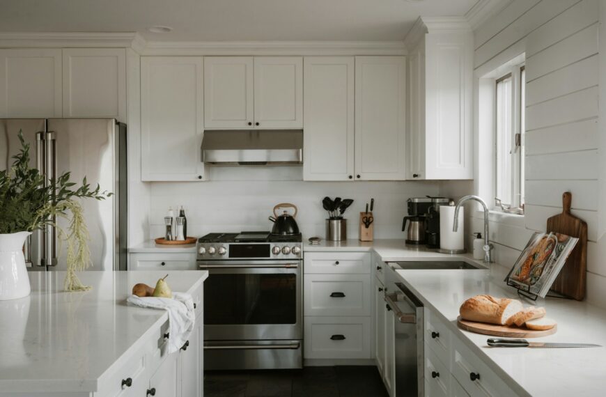 Bright, modern kitchen with white cabinets and stainless steel appliances