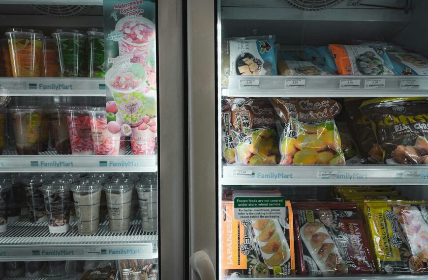 yellow and red plastic packs in refrigerator