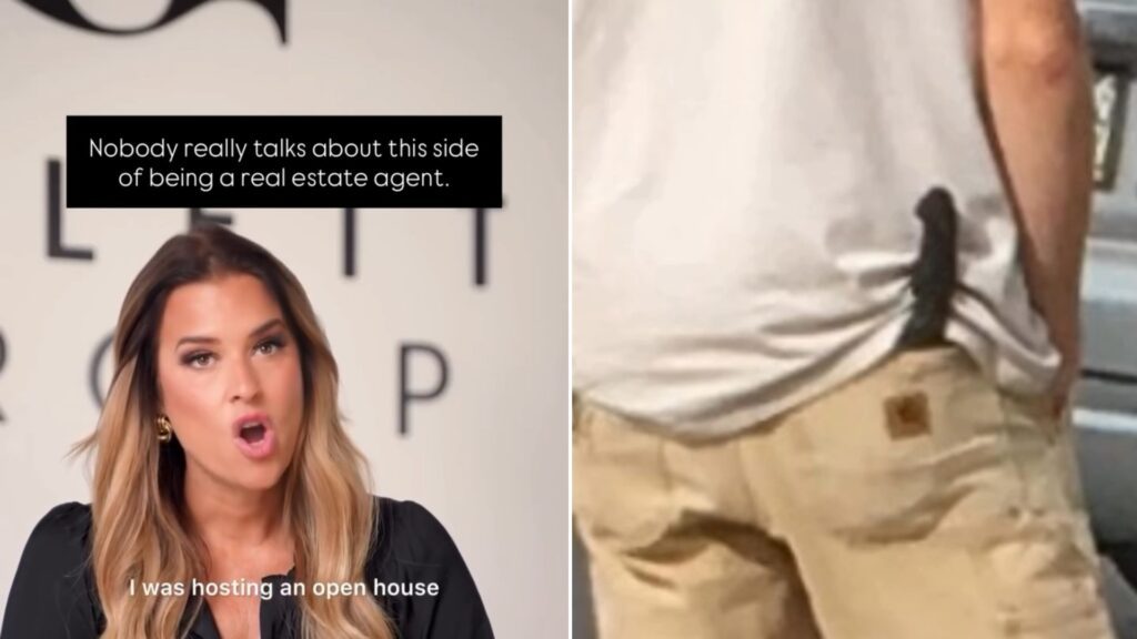 Real estate agent telling the story of her open house, beside the photo she took of the visitor with a weapon in his waistband