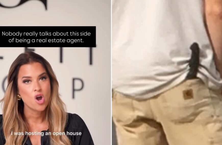 Real estate agent telling the story of her open house, beside the photo she took of the visitor with a weapon in his waistband