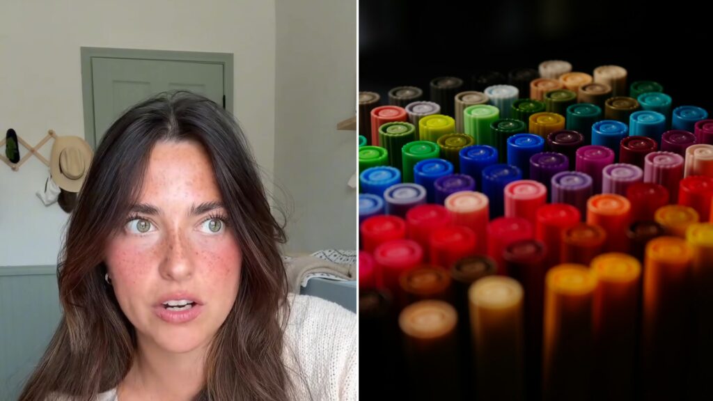 Split image: a woman with long brown hair in a white top talks to camera in front of a sage-green door, next to a close-up of the tips of dozens of colored markers