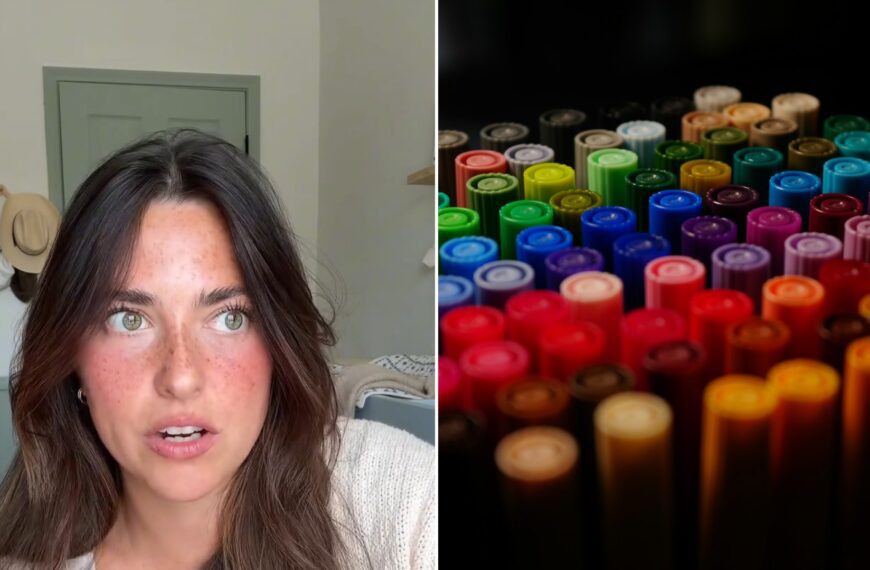 Split image: a woman with long brown hair in a white top talks to camera in front of a sage-green door, next to a close-up of the tips of dozens of colored markers