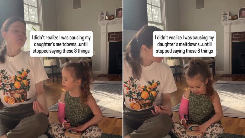 Mom sitting on the floor with her young daughter, with the caption about the eight things she stopped saying