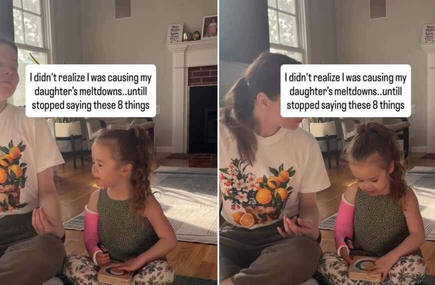 Mom sitting on the floor with her young daughter, with the caption about the eight things she stopped saying