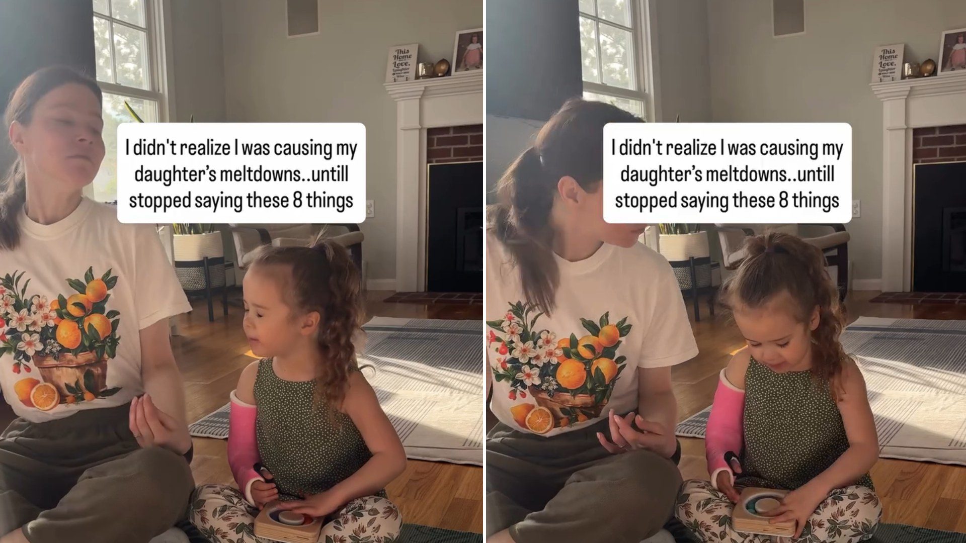 Mom sitting on the floor with her young daughter, with the caption about the eight things she stopped saying
