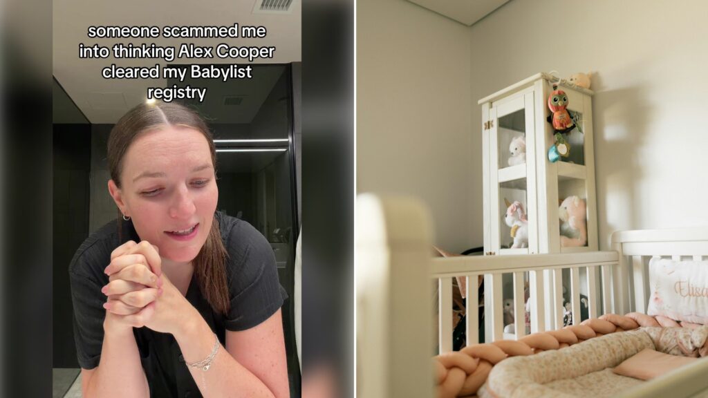 Split image: a woman with her hands clasped talks to camera with the caption 'someone scammed me into thinking Alex Cooper cleared my Babylist registry', next to a white crib and a cabinet of stuffed animals in a nursery
