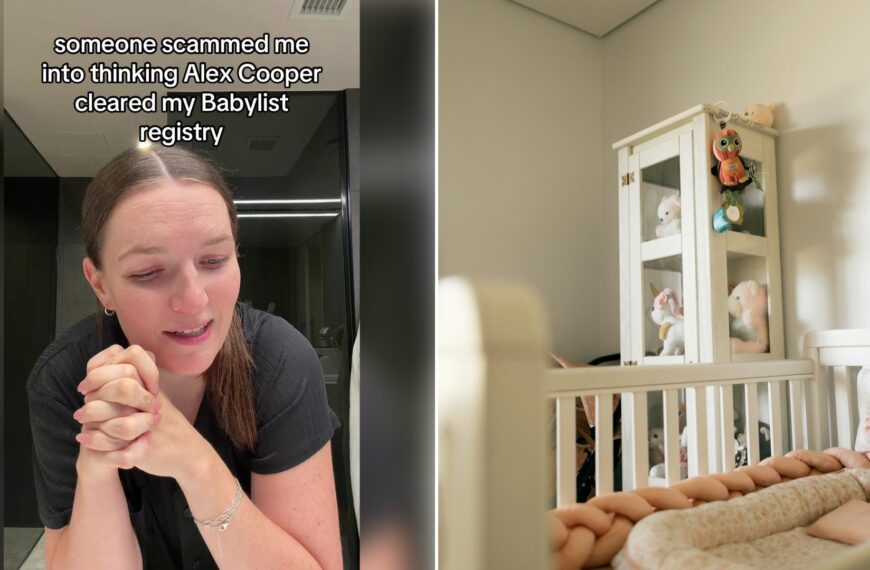 Split image: a woman with her hands clasped talks to camera with the caption 'someone scammed me into thinking Alex Cooper cleared my Babylist registry', next to a white crib and a cabinet of stuffed animals in a nursery