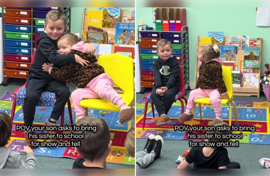 Split image from a TikTok: a preschool boy on a yellow chair hugs his toddler sister in front of his classmates with the caption 'POV your son asks to bring his sister to school for show and tell', next to the two of them sitting side by side in the classroom