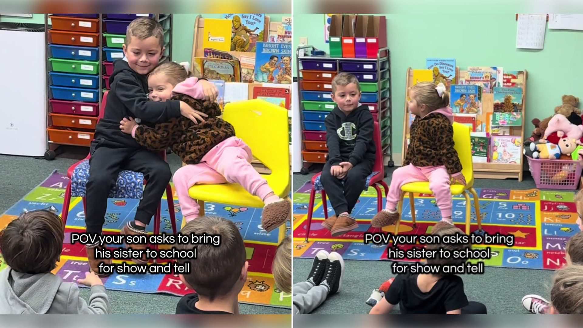 Split image from a TikTok: a preschool boy on a yellow chair hugs his toddler sister in front of his classmates with the caption 'POV your son asks to bring his sister to school for show and tell', next to the two of them sitting side by side in the classroom