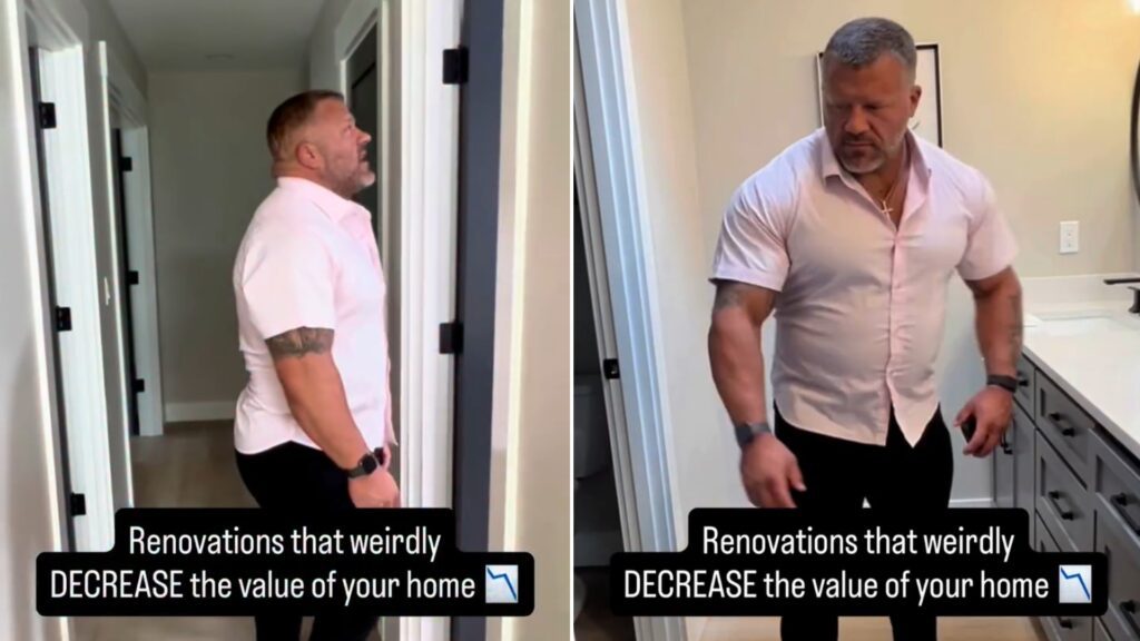 Creator walking through a hallway and a bathroom while listing renovations that lower a home's value