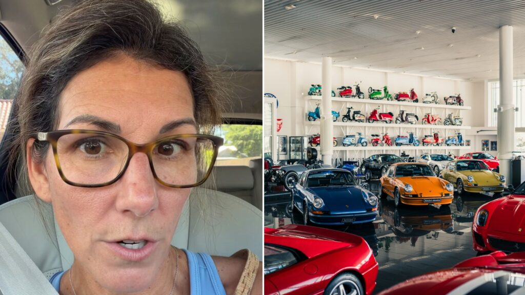 Split image: a woman in tortoiseshell glasses talks to camera from the driver's seat of her car, next to a bright showroom lined with colorful luxury sports cars