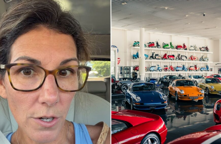 Split image: a woman in tortoiseshell glasses talks to camera from the driver's seat of her car, next to a bright showroom lined with colorful luxury sports cars