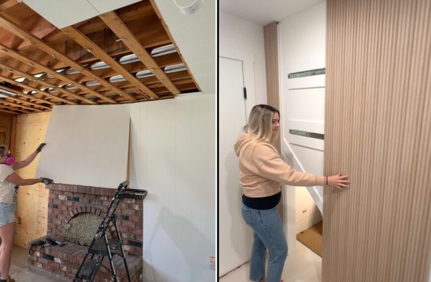 Two frames from the @thevanderstarhome TikTok: left, the homeowner in a stripped room with exposed ceiling joists and the original brick fireplace; right, her holding a fluted wood panel against a wall