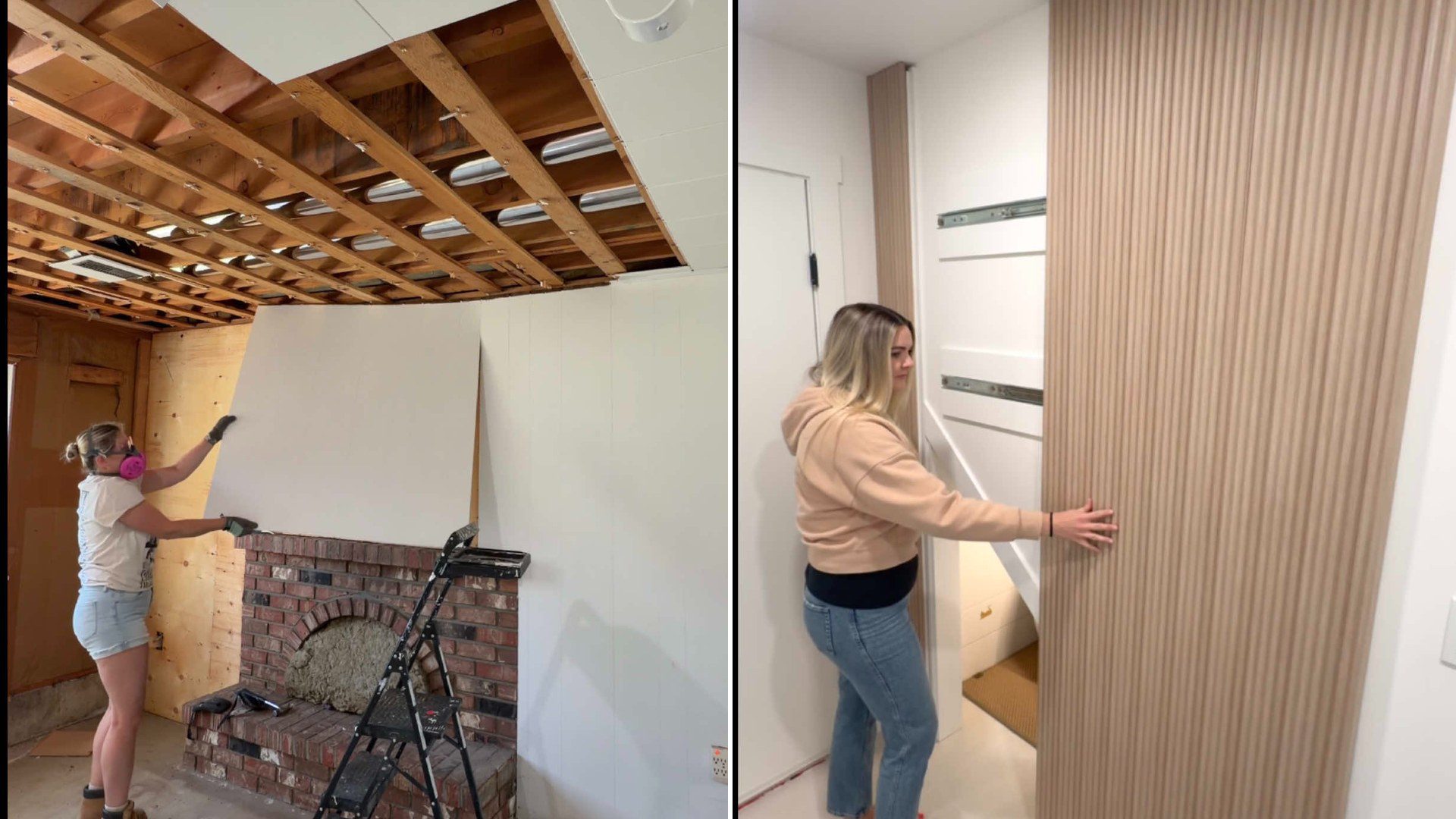 Two frames from the @thevanderstarhome TikTok: left, the homeowner in a stripped room with exposed ceiling joists and the original brick fireplace; right, her holding a fluted wood panel against a wall