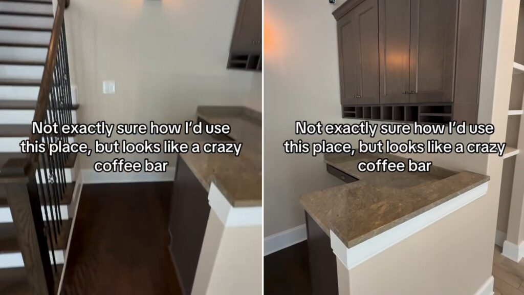 Nook beneath a staircase in a new listing, beside the built-in cabinets and granite counter that look like a coffee bar