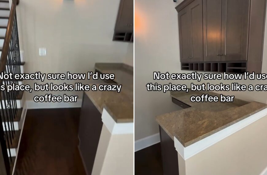 Nook beneath a staircase in a new listing, beside the built-in cabinets and granite counter that look like a coffee bar