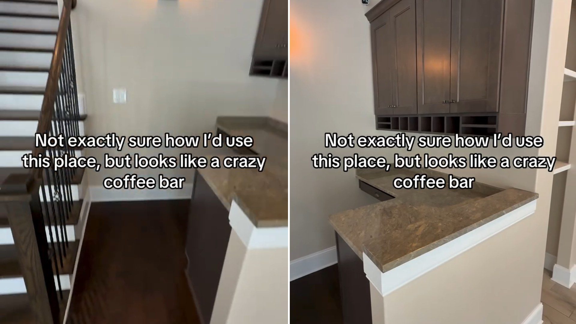 Nook beneath a staircase in a new listing, beside the built-in cabinets and granite counter that look like a coffee bar