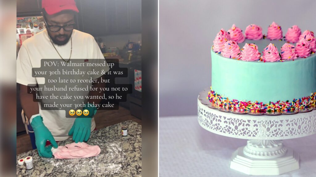 Split image: a man in a red cap and gloves frosts a pink cake on a kitchen counter with a caption explaining Walmart messed up his wife's 30th birthday cake so he made one himself, next to a teal and pink frosted birthday cake with sprinkles on a white stand