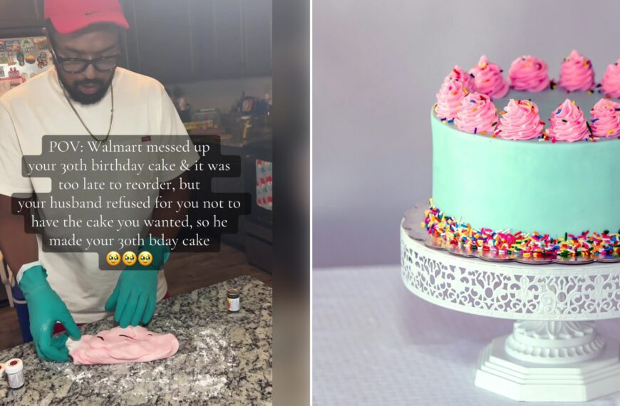 Split image: a man in a red cap and gloves frosts a pink cake on a kitchen counter with a caption explaining Walmart messed up his wife's 30th birthday cake so he made one himself, next to a teal and pink frosted birthday cake with sprinkles on a white stand