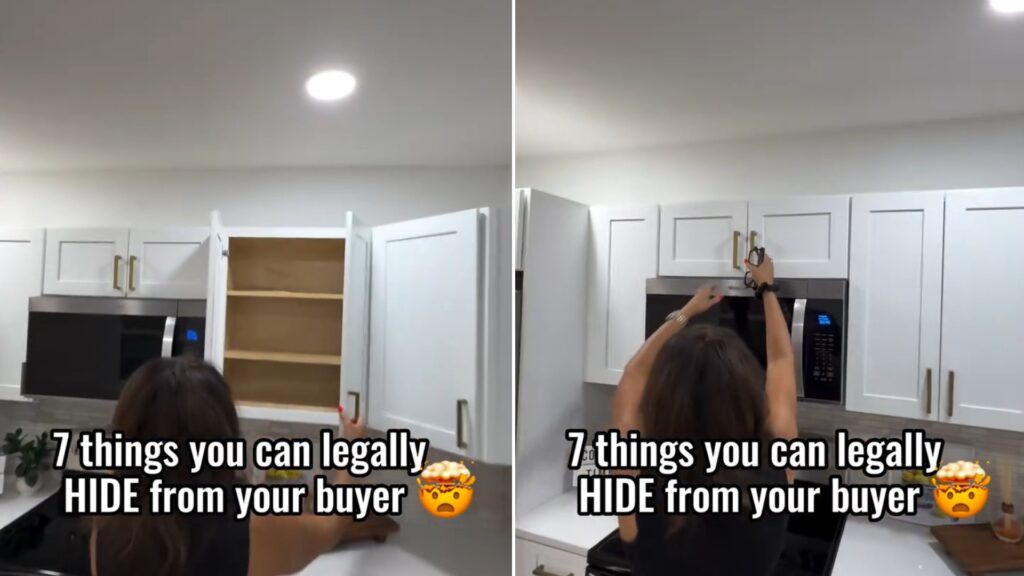 Real estate agent in a white kitchen opening cabinets and reaching for the microwave, with the caption about seven things sellers can legally hide