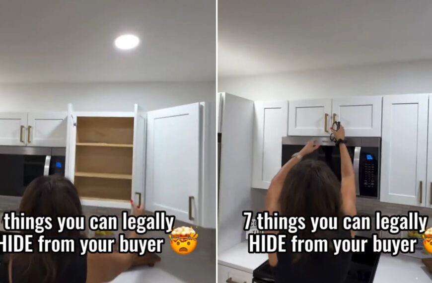 Real estate agent in a white kitchen opening cabinets and reaching for the microwave, with the caption about seven things sellers can legally hide