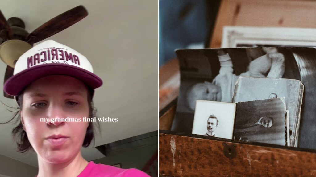 Split image: a woman in a pink shirt and a maroon 'American' cap looks at the camera with the caption 'my grandmas final wishes', next to a wooden chest full of old black-and-white photographs