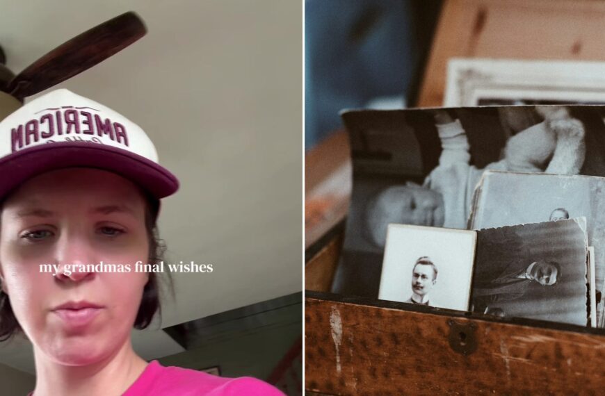 Split image: a woman in a pink shirt and a maroon 'American' cap looks at the camera with the caption 'my grandmas final wishes', next to a wooden chest full of old black-and-white photographs