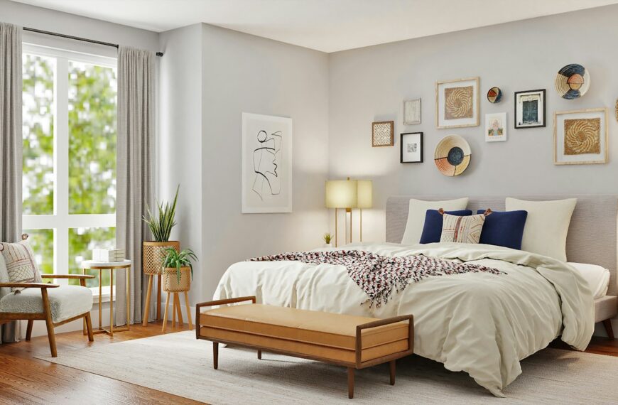 A bedroom with a bed, a leather bench, and wall art in a sunlit room