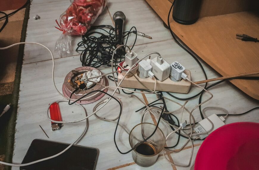 white power strip on brown wooden table