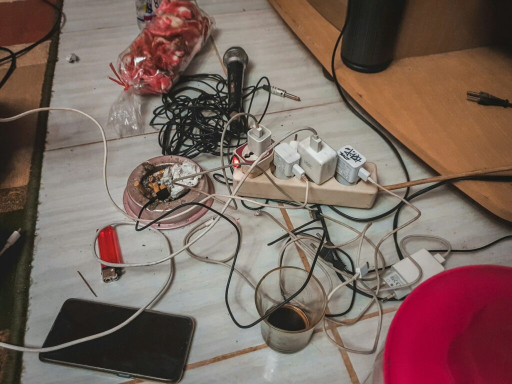 white power strip on brown wooden table