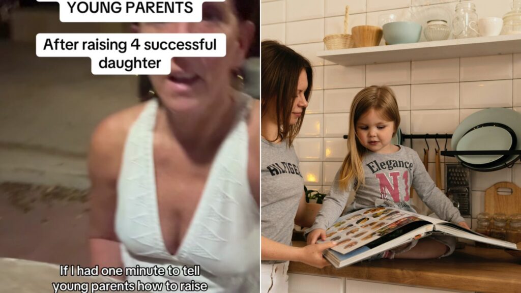 Mom of four daughters beside a calm organized home
