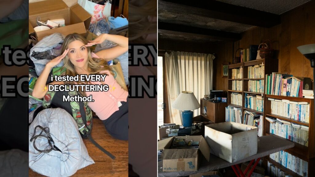 Decluttering methods being tested in a messy room