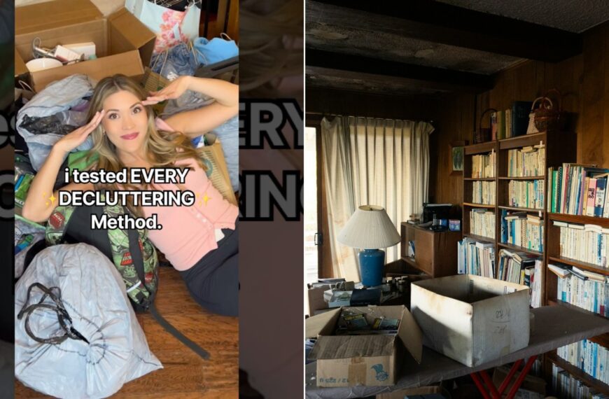 Decluttering methods being tested in a messy room