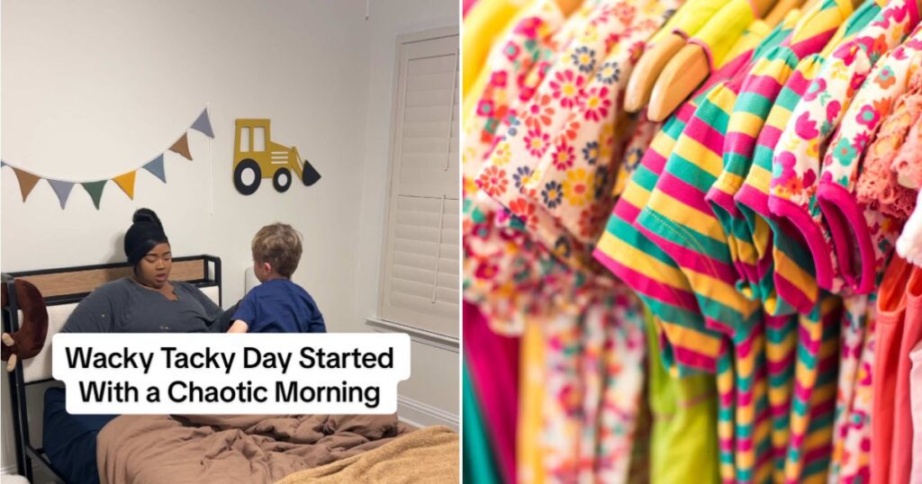 Child in a mismatched colorful outfit next to a rack of bright clothes