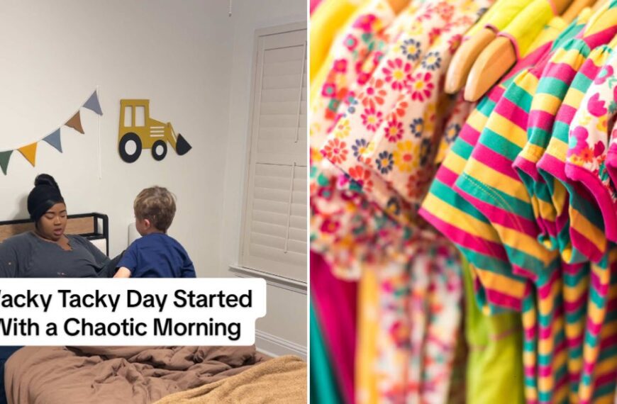 Child in a mismatched colorful outfit next to a rack of bright clothes
