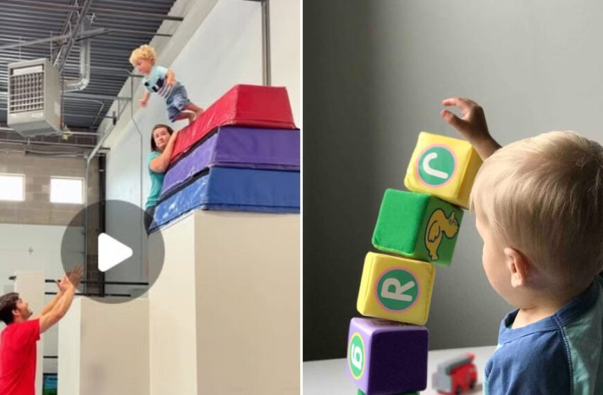 Toddler playing with soft foam blocks