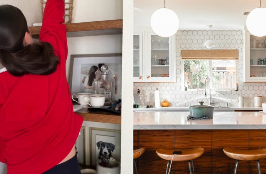 Woman decluttering a small space next to a tidy room