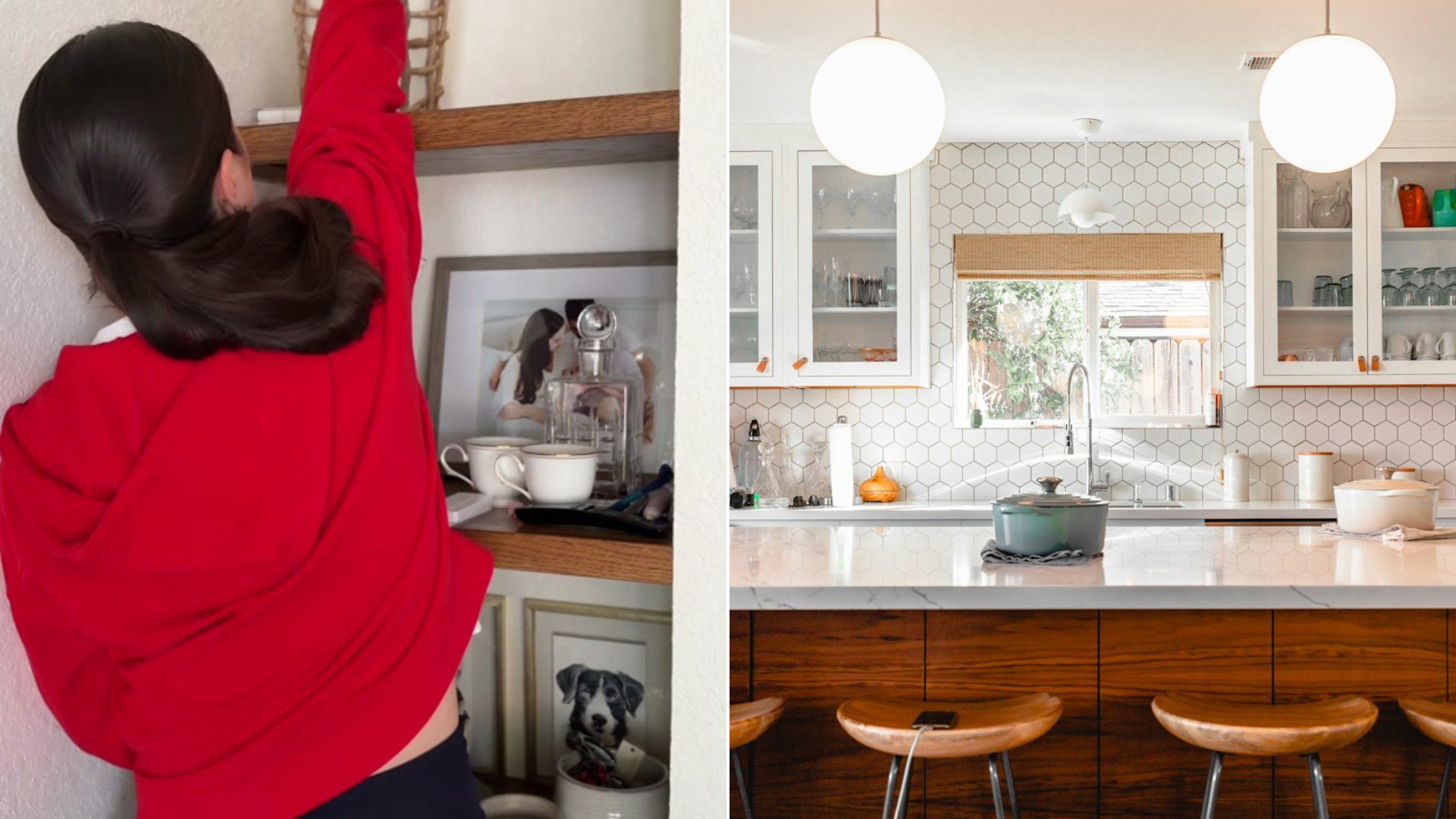 Woman decluttering a small space next to a tidy room