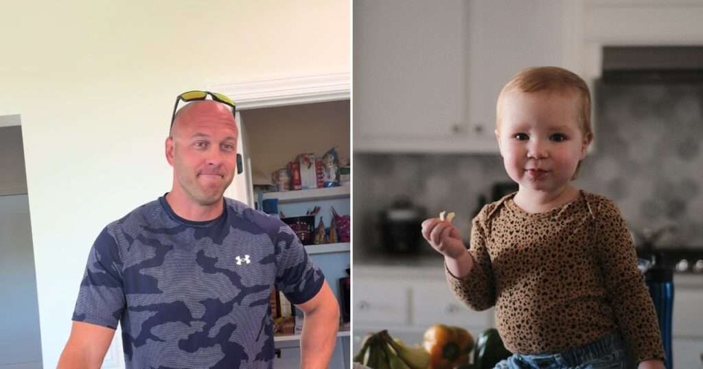 Dad in a camo shirt stands in a kitchen next to a mother and child scene