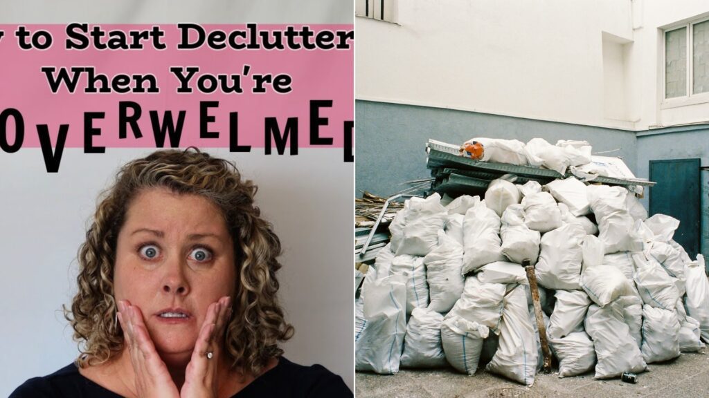 White garbage bags piled up on a concrete floor.