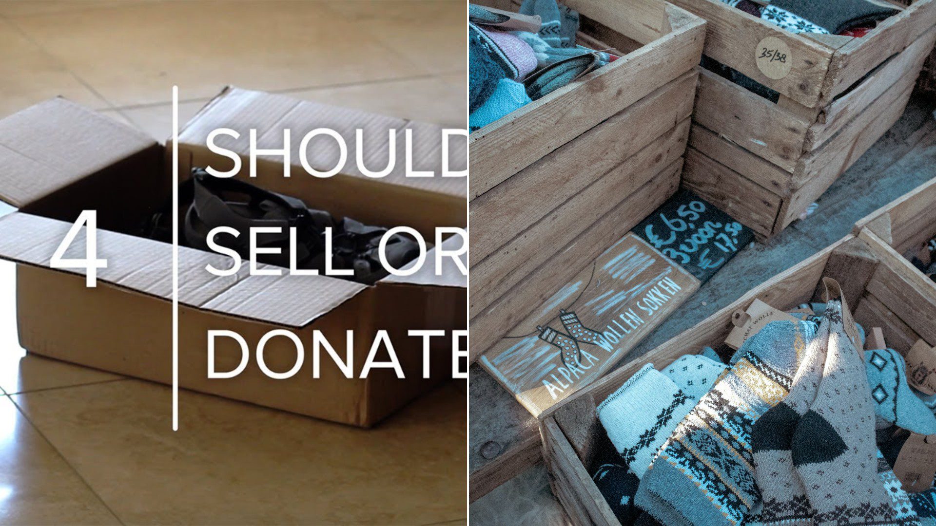 A wooden crate filled with clothing ready to be donated.