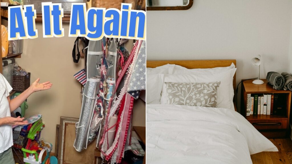 A cozy guest bedroom with a neatly made bed and a bedside table.